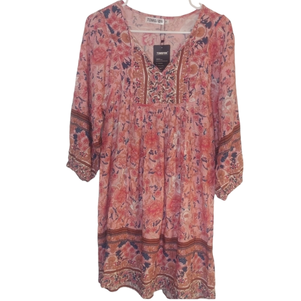 Pink Floral Peasant Dress Temofon NWT Size M